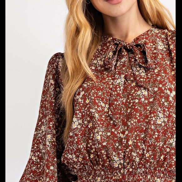 Gorgeous Boho Feminine Rust Floral Long Sleeves Flowy Dress - Picture 4 of 10